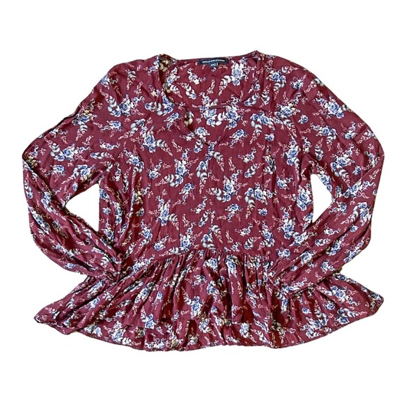🔥 AMERICAN EAGLE | Women’s Floral Keyhole Peplum Top | Medium | Burgundy - Picture 7 of 9
